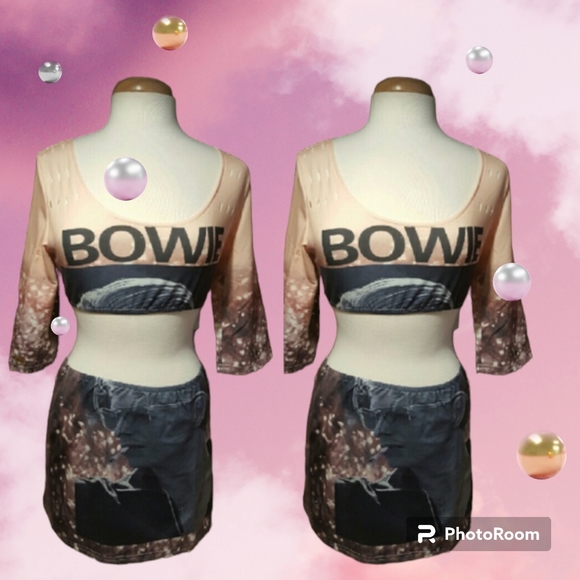 Summer sexy two piece matching artist BOWIE PRINTED CROP TOP and  skirt set - Picture 2 of 5